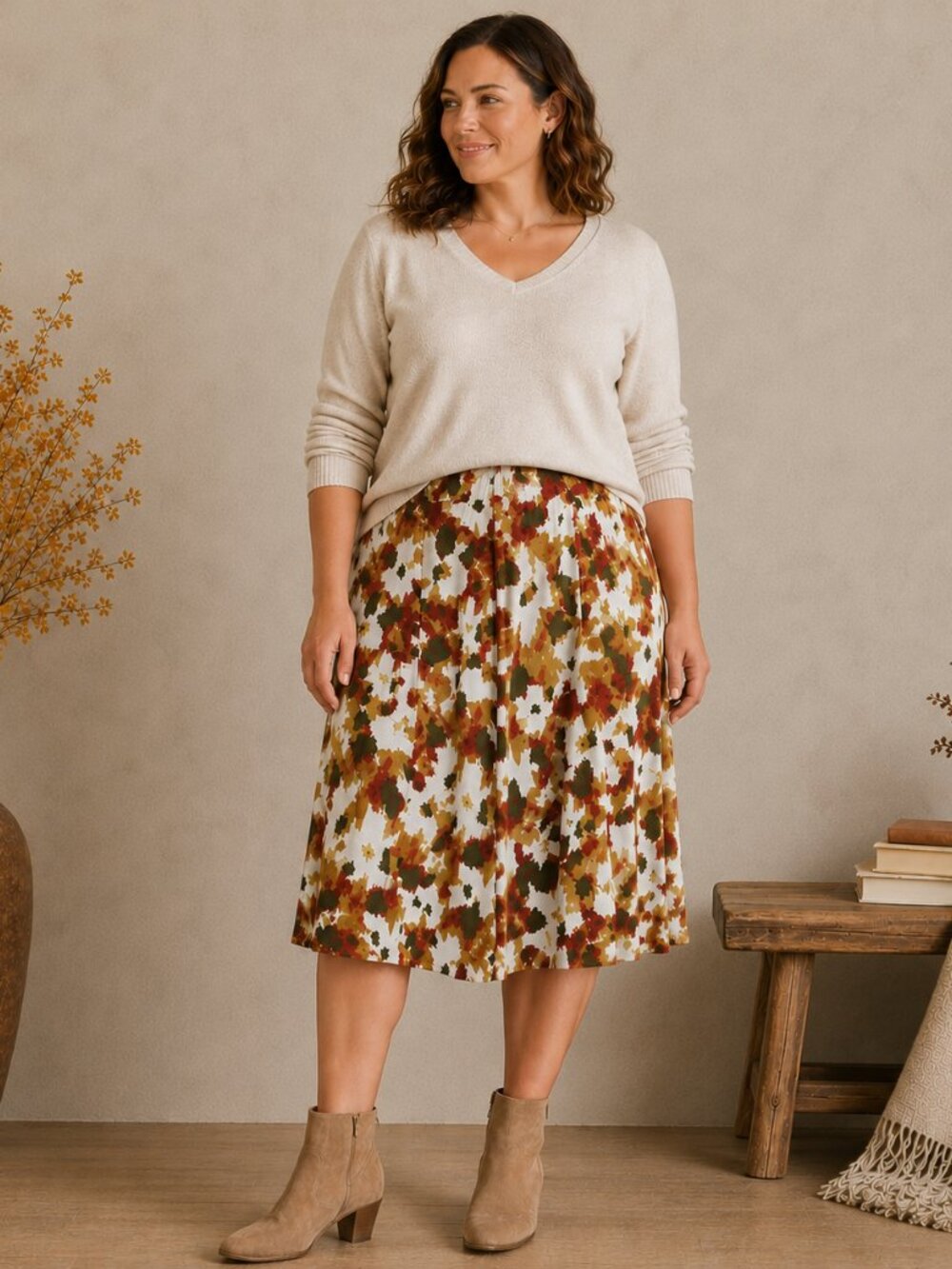 J Jill Womens Cotton Silk Floral Skirt Size 16 Petite Lined Side Zip Boho Fall